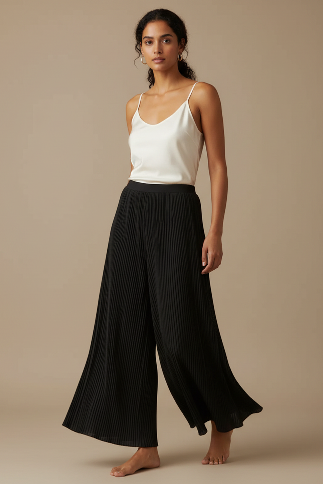 Pantalon Fluide Plissé Noir Large Élégant Femme - Polyester