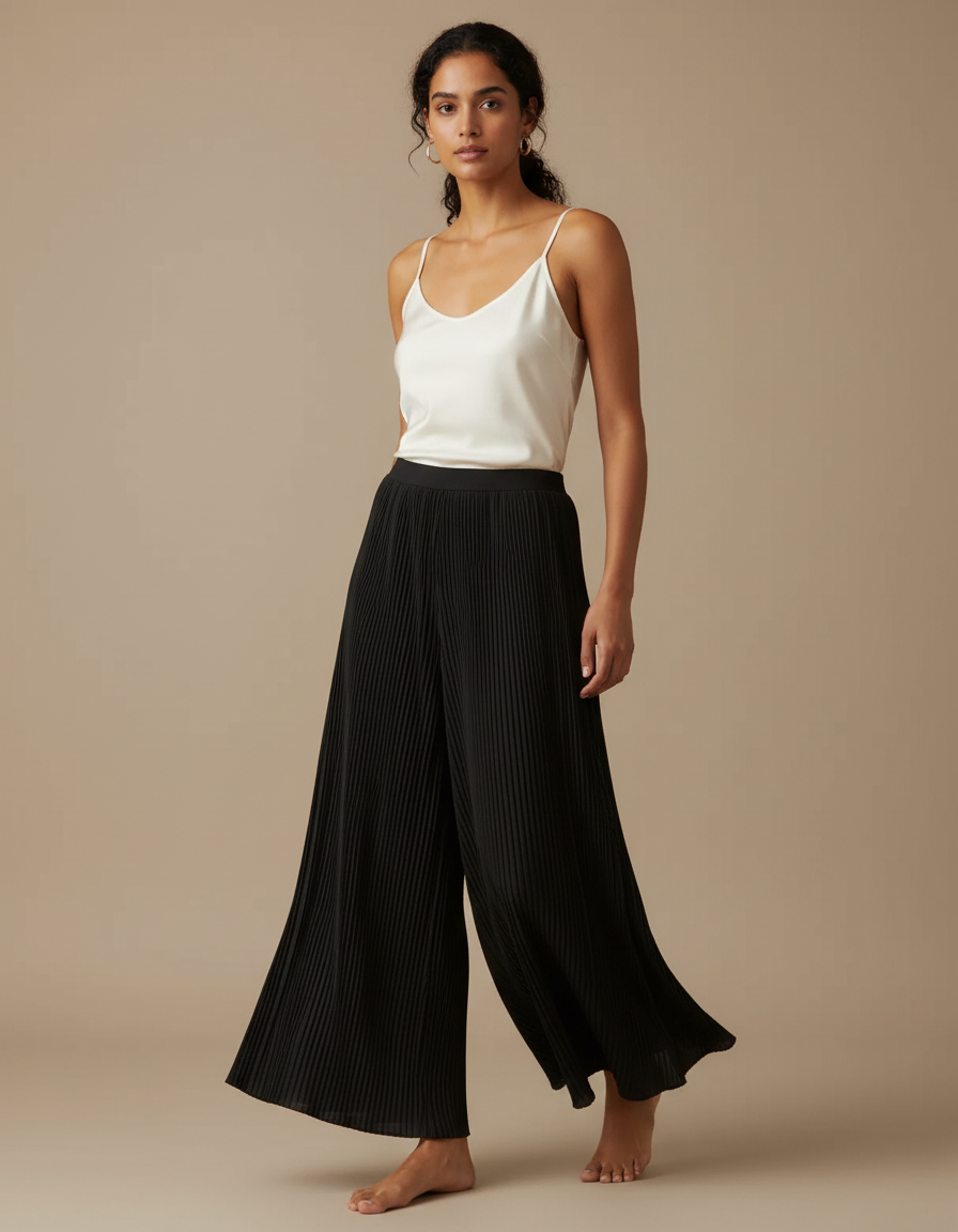 Pantalon Fluide Plissé Noir Large Élégant Femme - Polyester