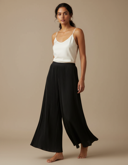 Pantalon Fluide Plissé Noir Large Élégant Femme - Polyester