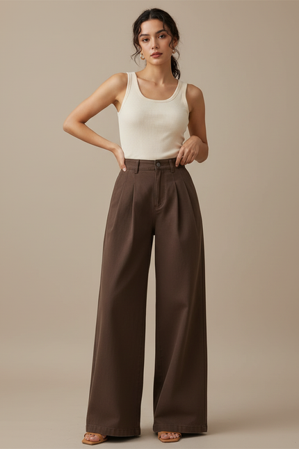Pantalon Fluide Marron Plissé Ample Taille Haute Femme - Gabardine