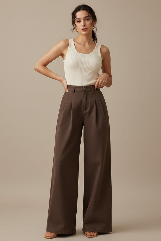 Pantalon Fluide Marron Plissé Ample Taille Haute Femme - Gabardine