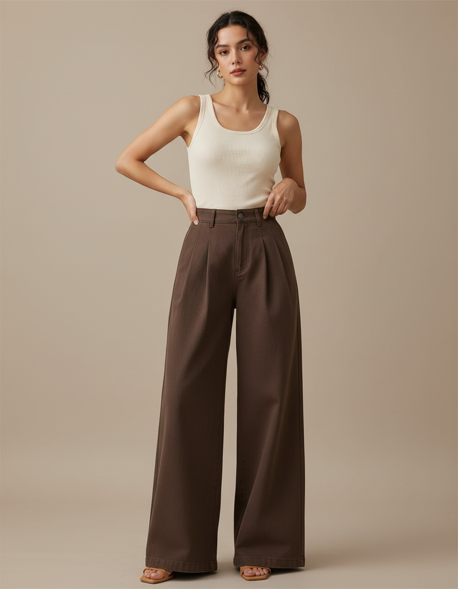 Pantalon Fluide Marron Plissé Ample Taille Haute Femme - Gabardine