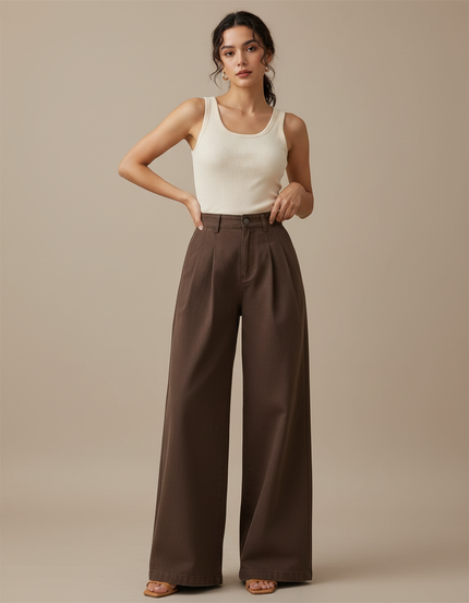 Pantalon Fluide Marron Plissé Ample Taille Haute Femme - Gabardine
