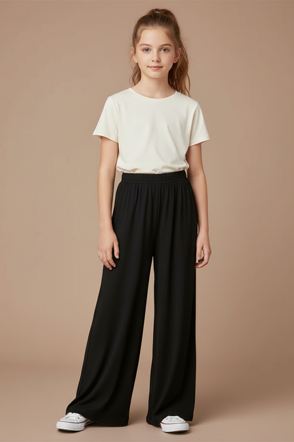 Pantalon Fluide Noir Ample Taille Élastiquée Fille - Viscose