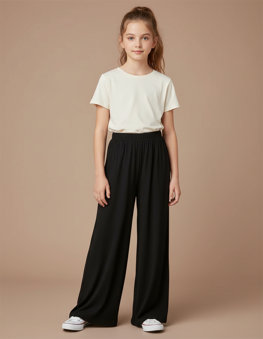 Pantalon Fluide Noir Ample Taille Élastiquée Fille - Viscose
