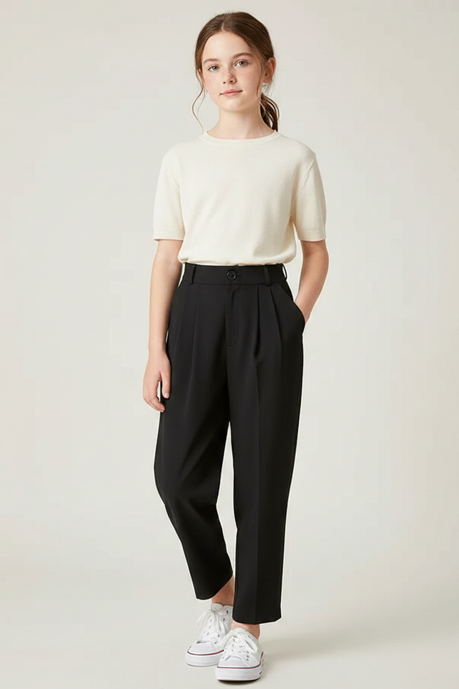 Pantalon Fluide Noir Plissé Taille Haute Fille - Polyester