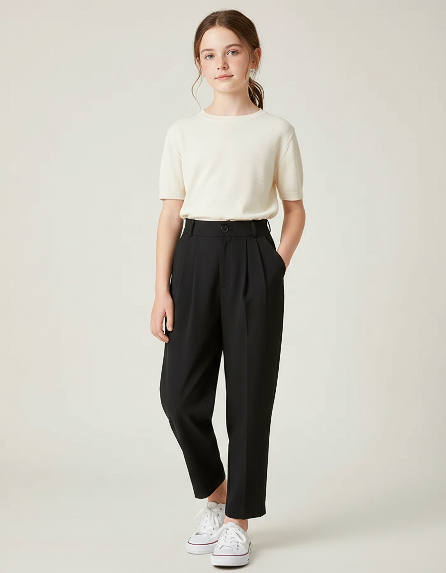 Pantalon Fluide Noir Plissé Taille Haute Fille - Polyester