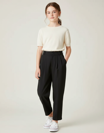 Pantalon Fluide Noir Plissé Taille Haute Fille - Polyester