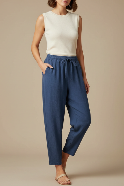 Pantalon Fluide Bleu Coton Lin Ample Décontracté Élastique