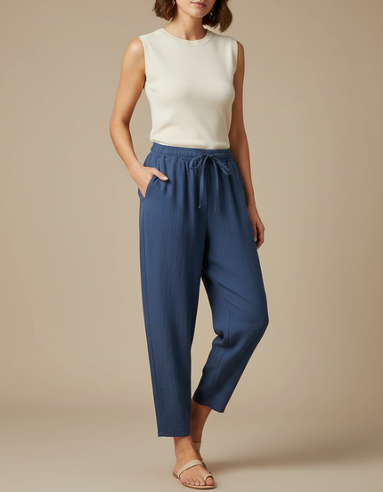 Pantalon Fluide Bleu Coton Lin Ample Décontracté Élastique
