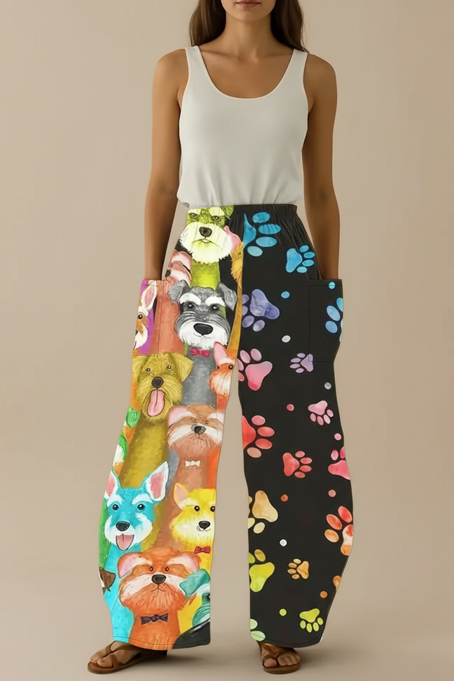 Pantalon Fluide Ample Imprimé Chiens Motifs Colorés Décontracté - Multicolore Viscose