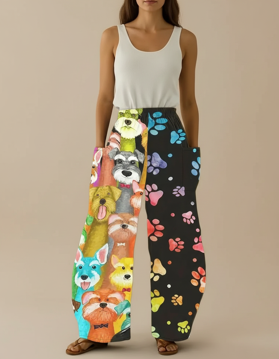 Pantalon Fluide Ample Imprimé Chiens Motifs Colorés Décontracté - Multicolore Viscose