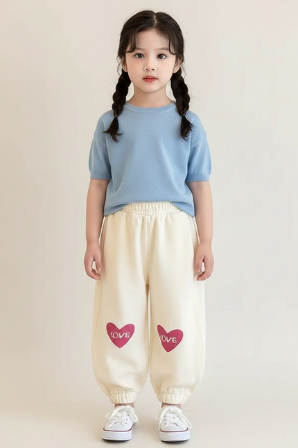 Pantalon Fluide Écru Ample Coton Cœurs Filles - Beige Molleton