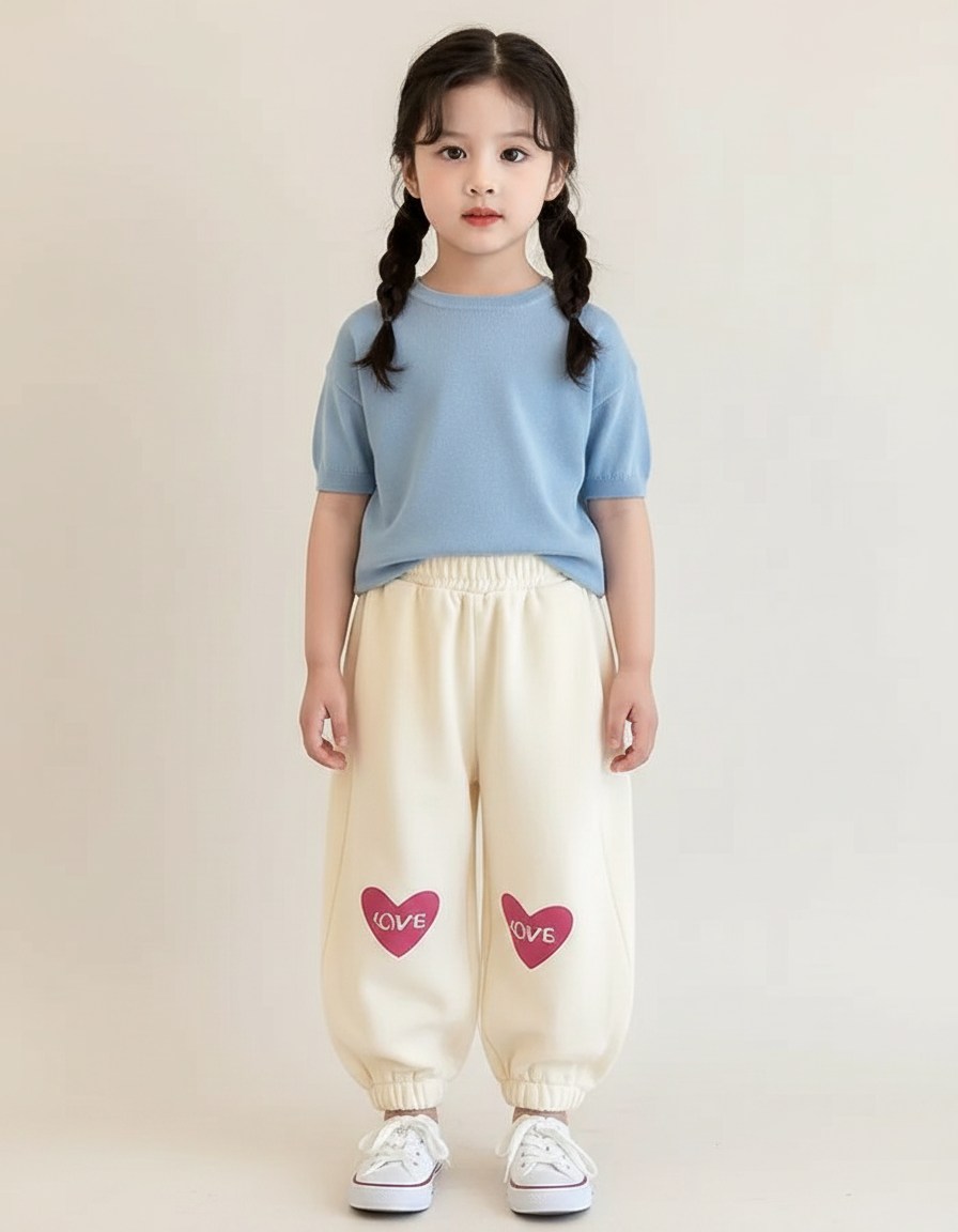 Pantalon Fluide Écru Ample Coton Cœurs Filles - Beige Molleton