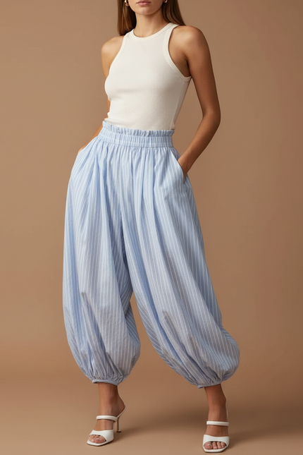 Pantalon Fluide Rayé Bleu Ciel Ample Élastiqué - Coton
