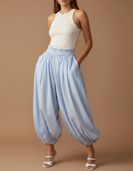 Pantalon Fluide Rayé Bleu Ciel Ample Élastiqué - Coton