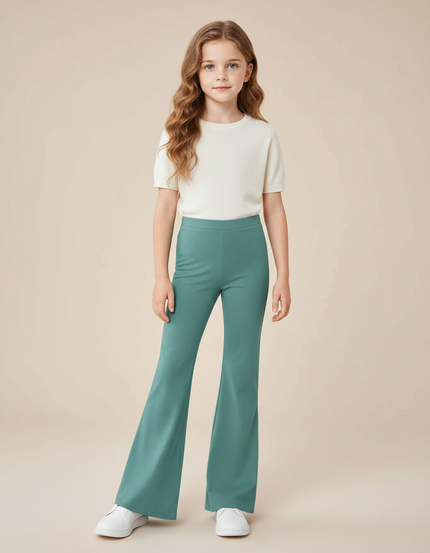 Pantalon Fluide Évasé Vert Canard Taille Haute Confortable - Polyester