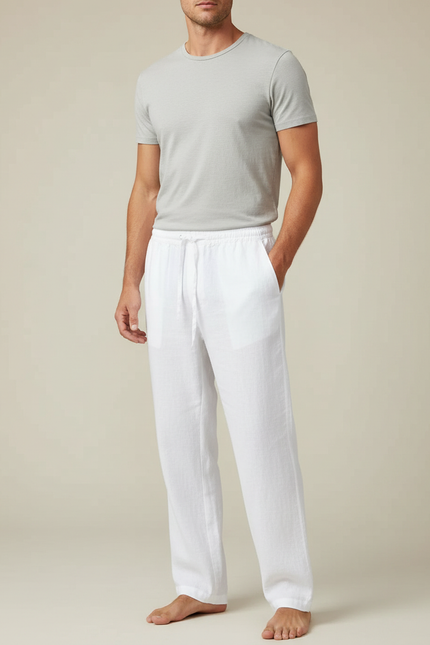 Pantalon Fluide Blanc Lin Cordon Décontracté Léger