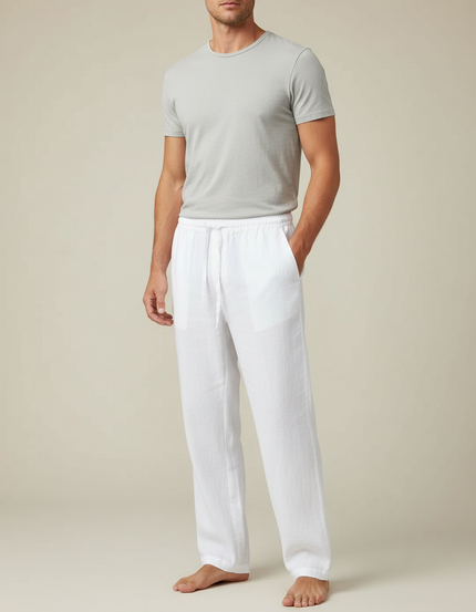 Pantalon Fluide Blanc Lin Cordon Décontracté Léger