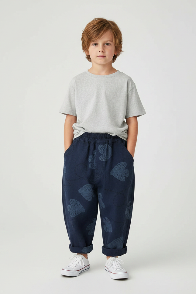 Pantalon Fluide Bleu Marine Ample Imprimé Coton Décontracté