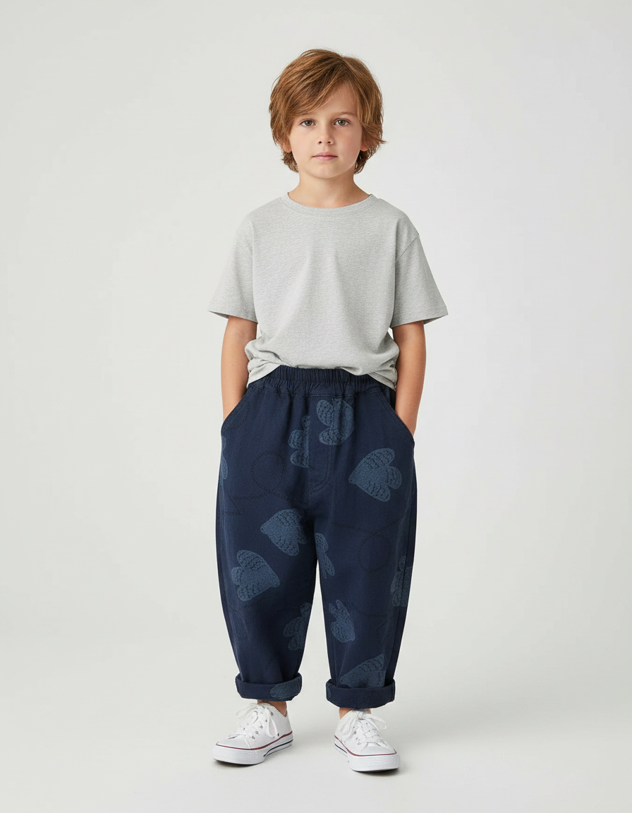 Pantalon Fluide Bleu Marine Ample Imprimé Coton Décontracté
