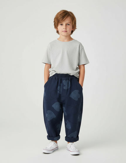 Pantalon Fluide Bleu Marine Ample Imprimé Coton Décontracté