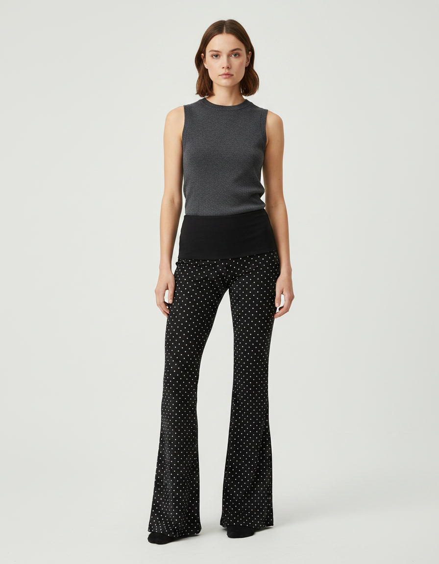 Pantalon Fluide Noir Ample Pois Évasé Femme - Maille
