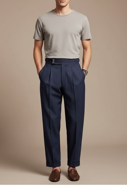 Pantalon Fluide Bleu Marine Plissé Droit Homme - Gabardine