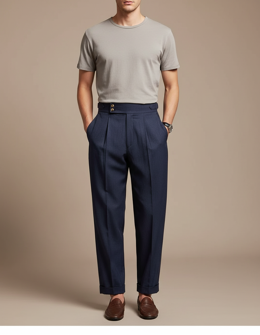 Pantalon Fluide Bleu Marine Plissé Droit Homme - Gabardine