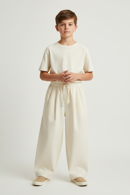 Pantalon Fluide Écru Ample Coton Cordon Enfant - Beige