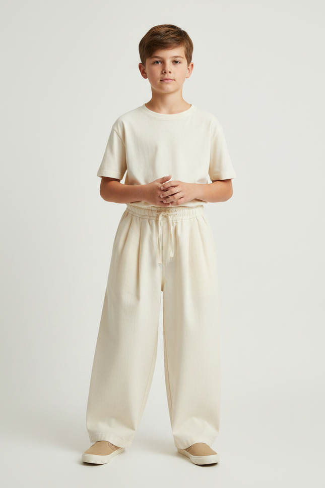 Pantalon Fluide Écru Ample Coton Cordon Enfant - Beige