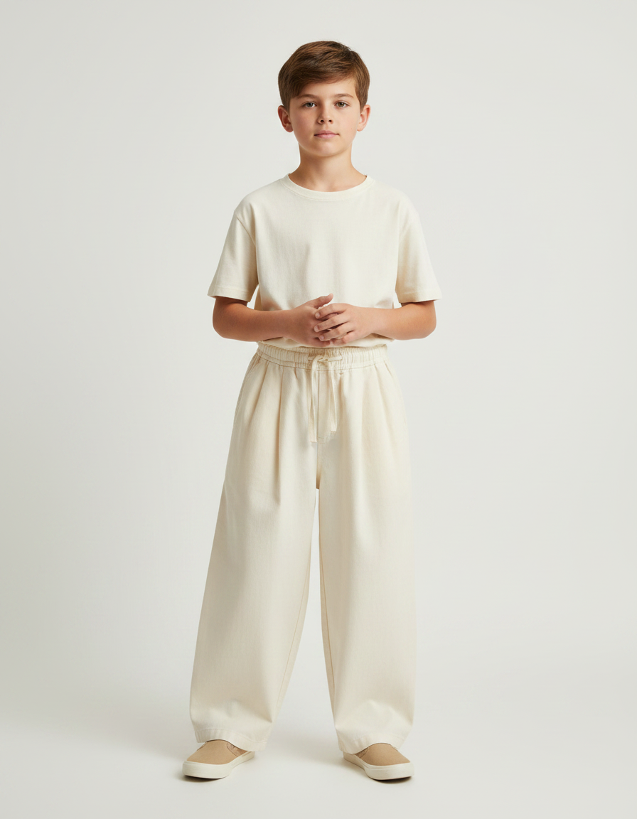 Pantalon Fluide Écru Ample Coton Cordon Enfant - Beige