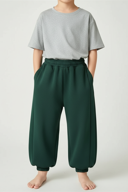 Pantalon Fluide Vert Ample Molletonné Décontracté Enfant