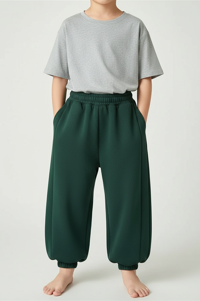 Pantalon Fluide Vert Ample Molletonné Décontracté Enfant