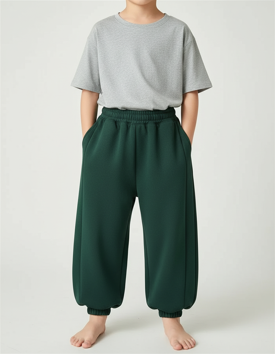 Pantalon Fluide Vert Ample Molletonné Décontracté Enfant