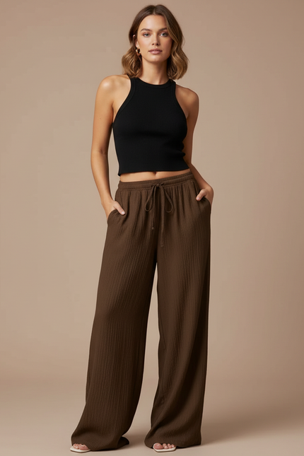 Pantalon Fluide Femme Noeud - Marron Viscose