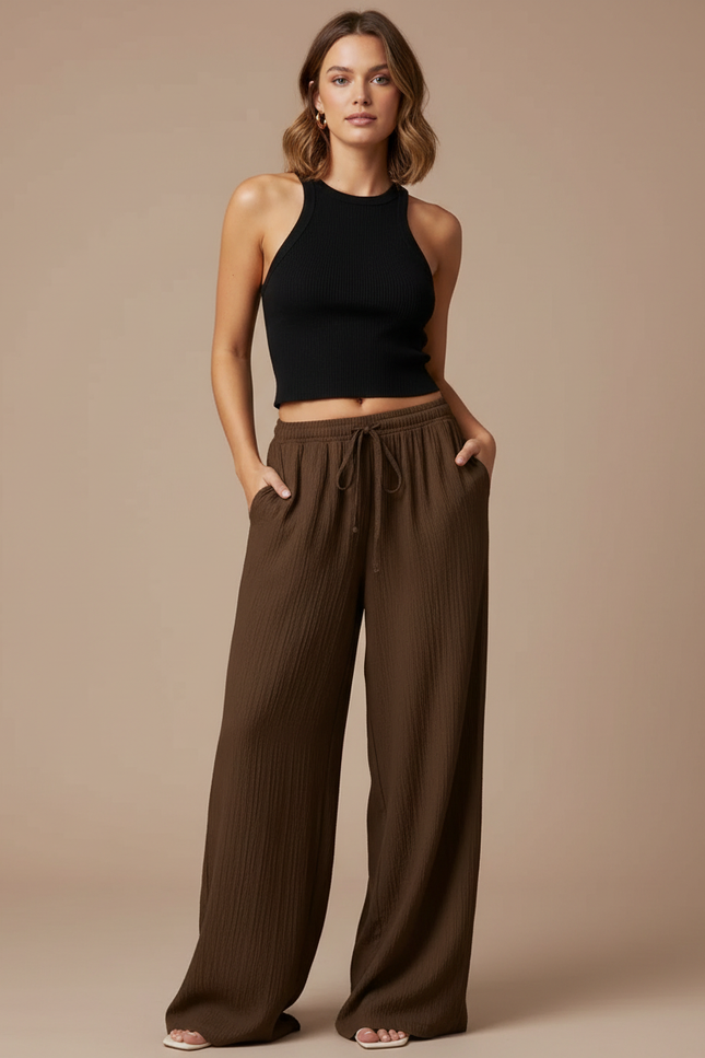 Pantalon Fluide Femme Noeud - Marron Viscose