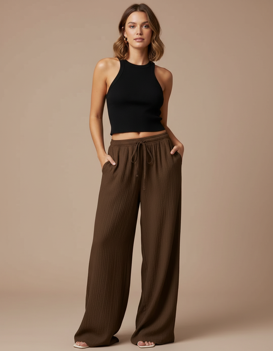 Pantalon Fluide Femme Noeud - Marron Viscose
