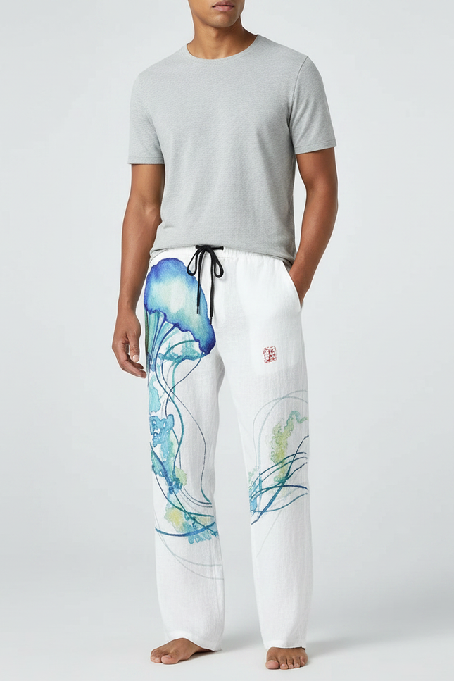 Pantalon Fluide Blanc Ample Imprimé Méduse Décontracté Homme - Lin