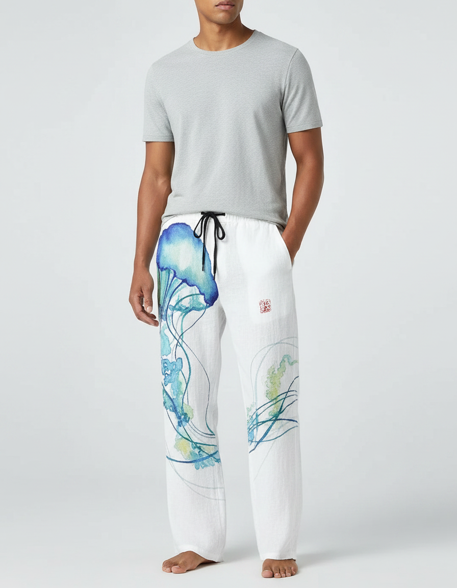 Pantalon Fluide Blanc Ample Imprimé Méduse Décontracté Homme - Lin