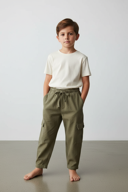 Pantalon Fluide Kaki Cargo Coton Ample Garçon