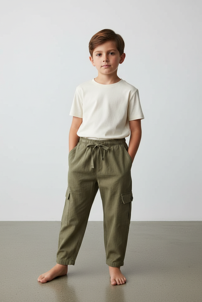 Pantalon Fluide Kaki Cargo Coton Ample Garçon