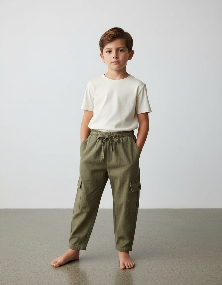 Pantalon Fluide Kaki Cargo Coton Ample Garçon