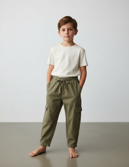 Pantalon Fluide Kaki Cargo Coton Ample Garçon