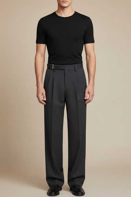 Pantalon Fluide Gris Foncé Ample Plissé Élégant Homme - Polyester