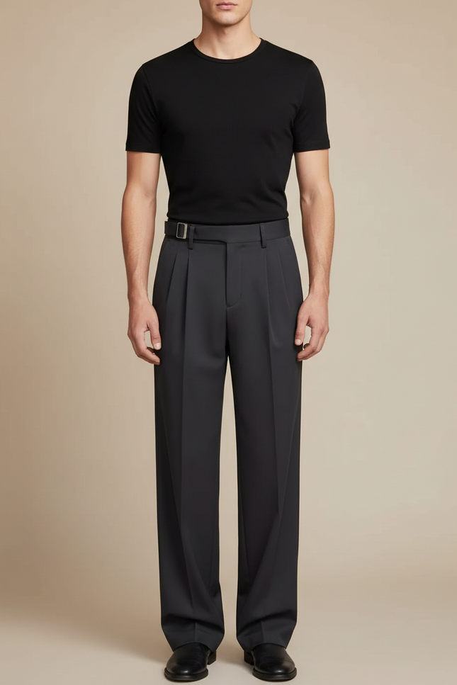 Pantalon Fluide Gris Foncé Ample Plissé Élégant Homme - Polyester