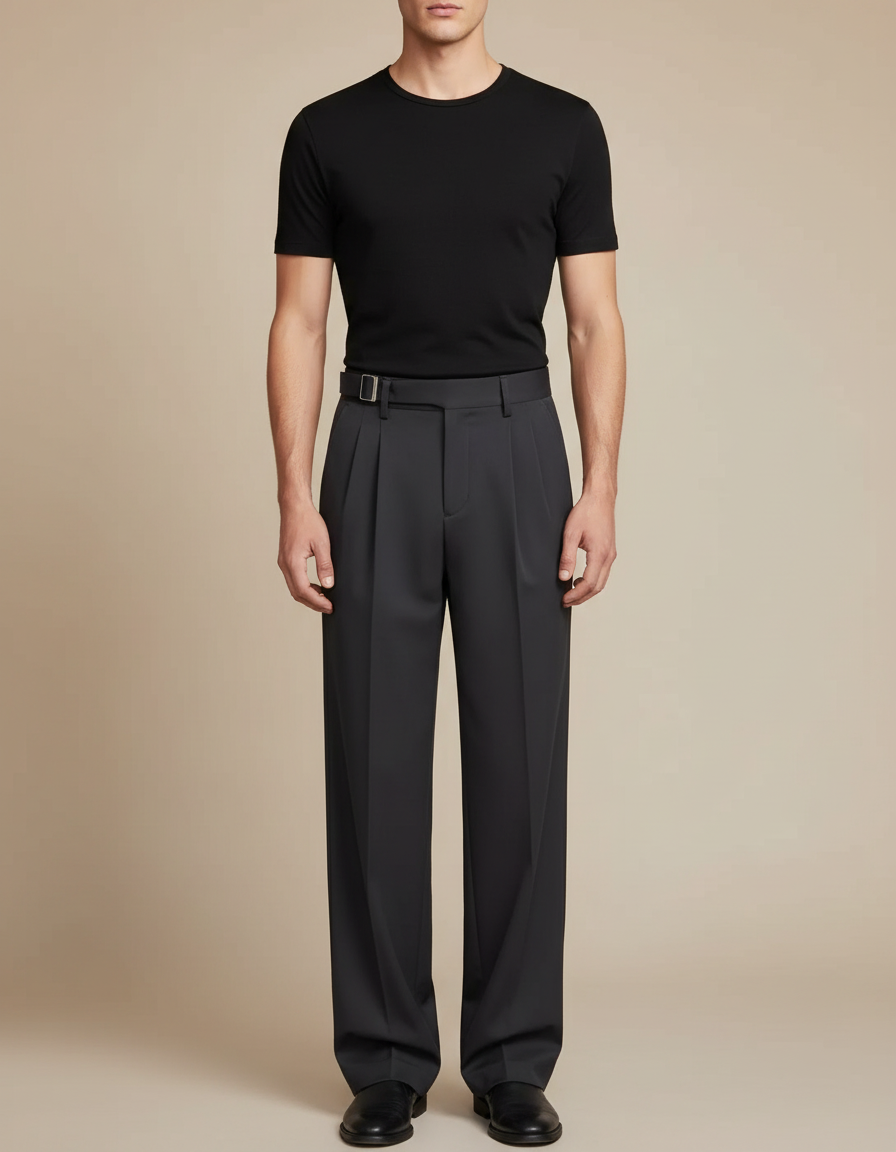 Pantalon Fluide Gris Foncé Ample Plissé Élégant Homme - Polyester