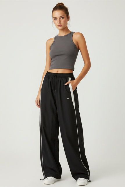 Pantalon Fluide Noir Ample Sportif Rayures Blanches - Polyester