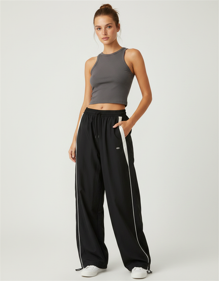 Pantalon Fluide Noir Ample Sportif Rayures Blanches - Polyester