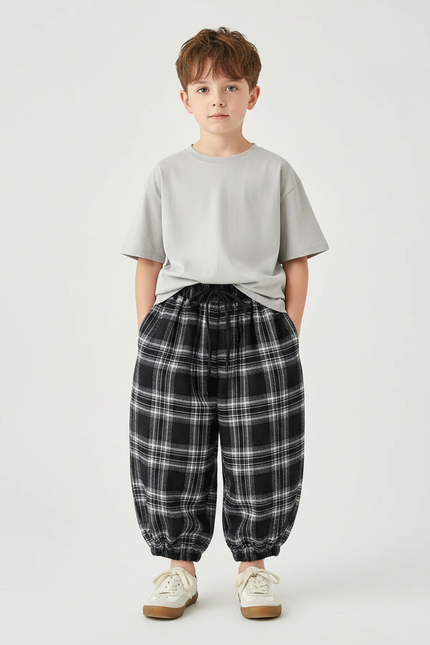 Pantalon Fluide Carreaux Noir Blanc Ample Décontracté Enfant - Imprimé Molleton